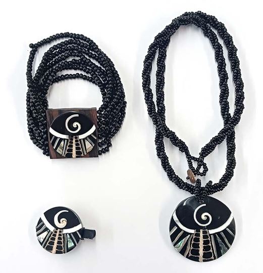 Bild von Muschel Halskette/Armband/Haarclip Spirale 3er Set mit Perlen schwarz