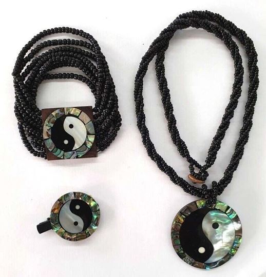 Immagine di Muschel Halskette/Armband/Haarclip Yin-Yang 3er Set mit Perlen schwarz