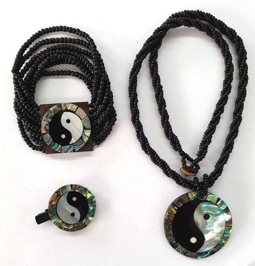 Bild von Muschel Halskette/Armband/Haarclip Yin-Yang 3er Set mit Perlen schwarz