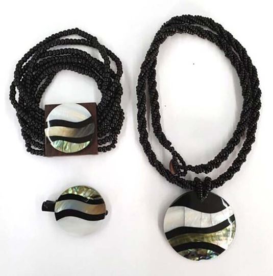 Bild von Muschel Halskette/Armband/Haarclip Wave 3er Set mit Perlen schwarz