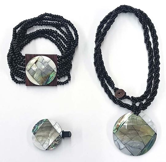 Bild von Muschel Halskette/Armband/Haarclip Raute 3er Set mit Perlen schwarz