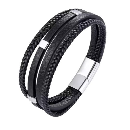 Bild von Herren Armband 4 Strang, Leder mit Edelstahl Schnallen, schwarz, 21x2cm