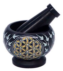 Bild von Mörser Blume des Lebens gold, Black Stone Ø9cm (innen Ø6,5cm) x7cm mit Stössel (