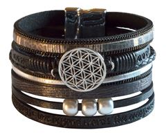 Bild von Armband Blume des Lebens Kunstleder schwarz, Metall silberfarben mit Magnetversc