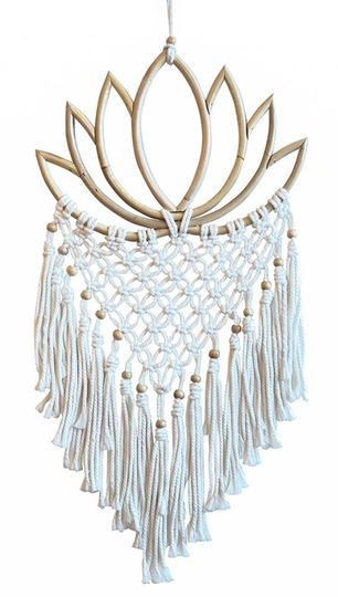 Bild von Ornament Lotus Rattan (26x18cm) mit Makramee und Holzperlen, beige 26x55cm